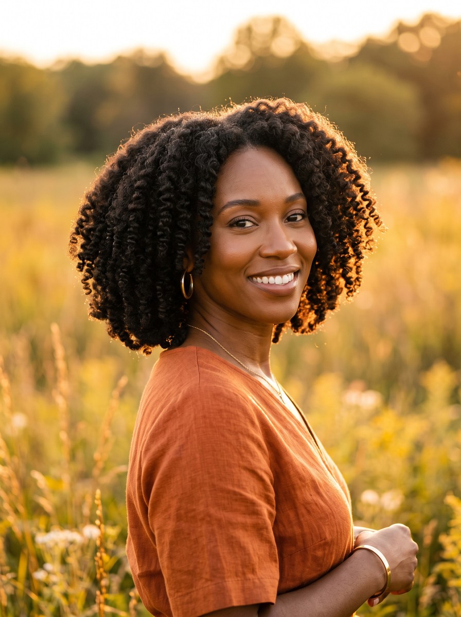 Rounded Coily Bob Shaped Wide at the Sides