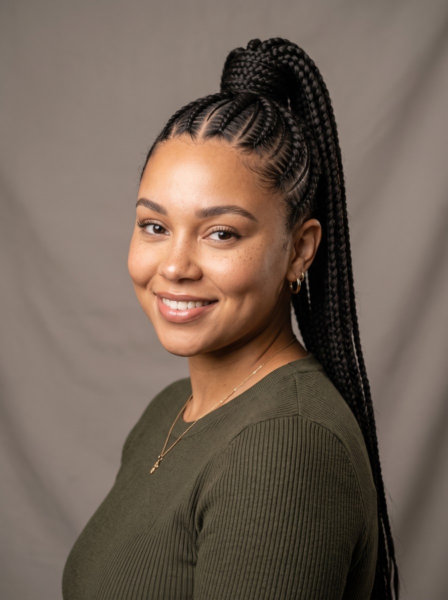 Feed-In Cornrows Into a Sleek High Ponytail
