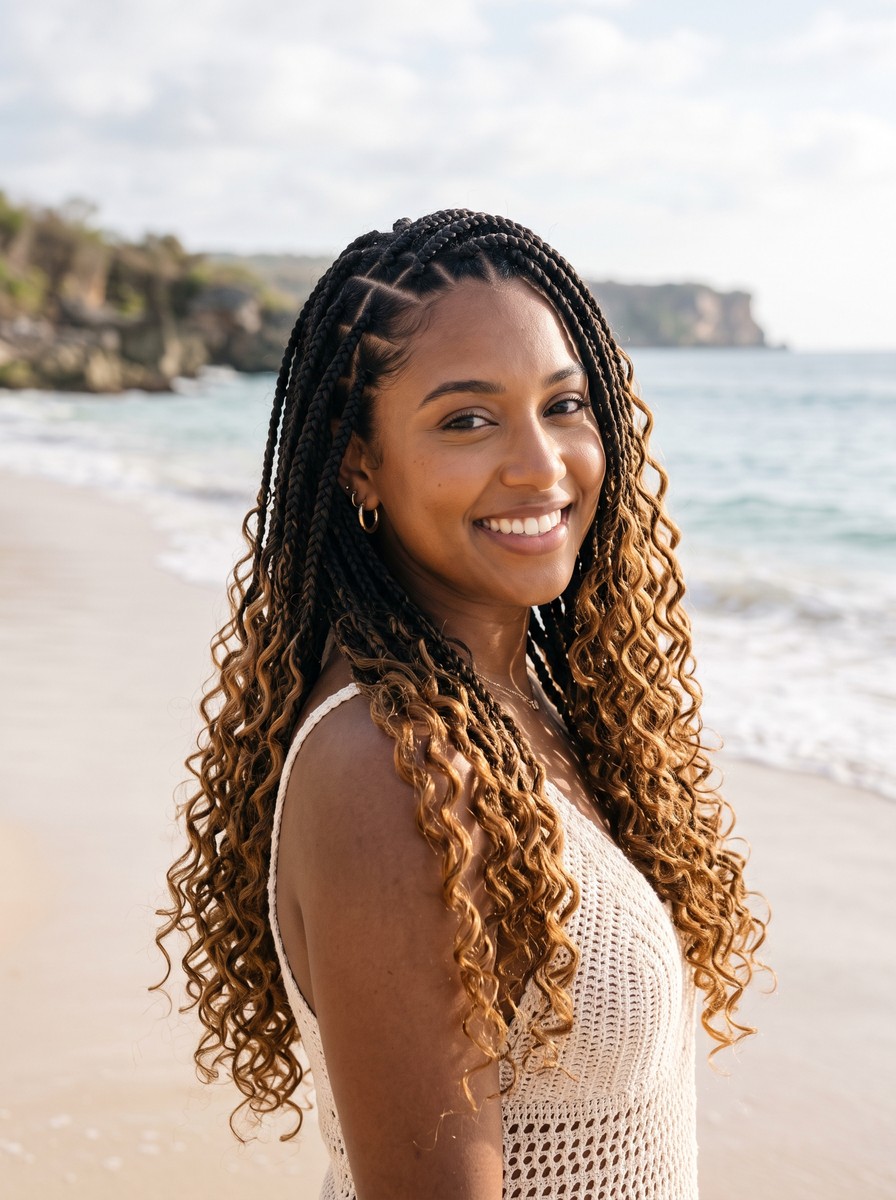 Boho Knotless Braids With Curly Strands