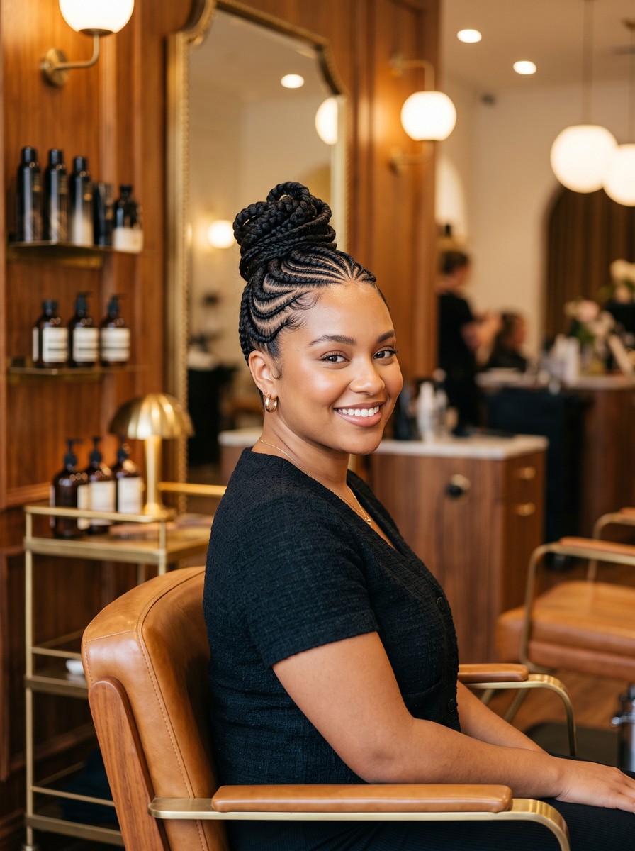 Sculpted Cornrow Updo With a Crown Swirl