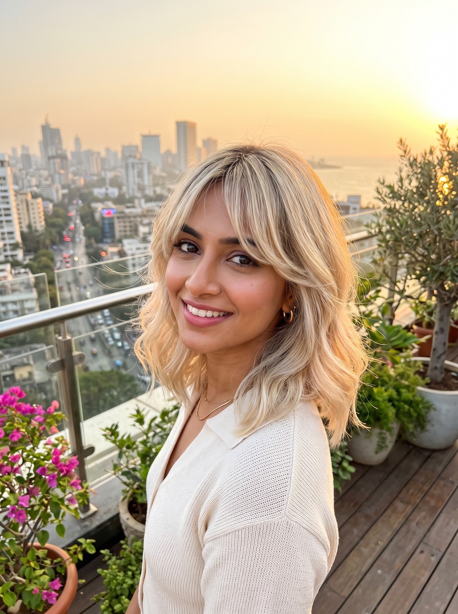 Butter Blonde Lob with Curtain Bangs