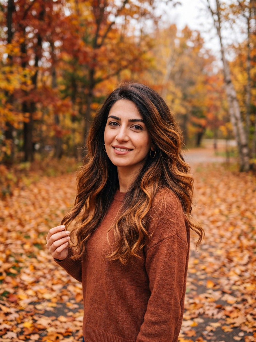 Hand-Painted Copper Balayage on Dark Brunette