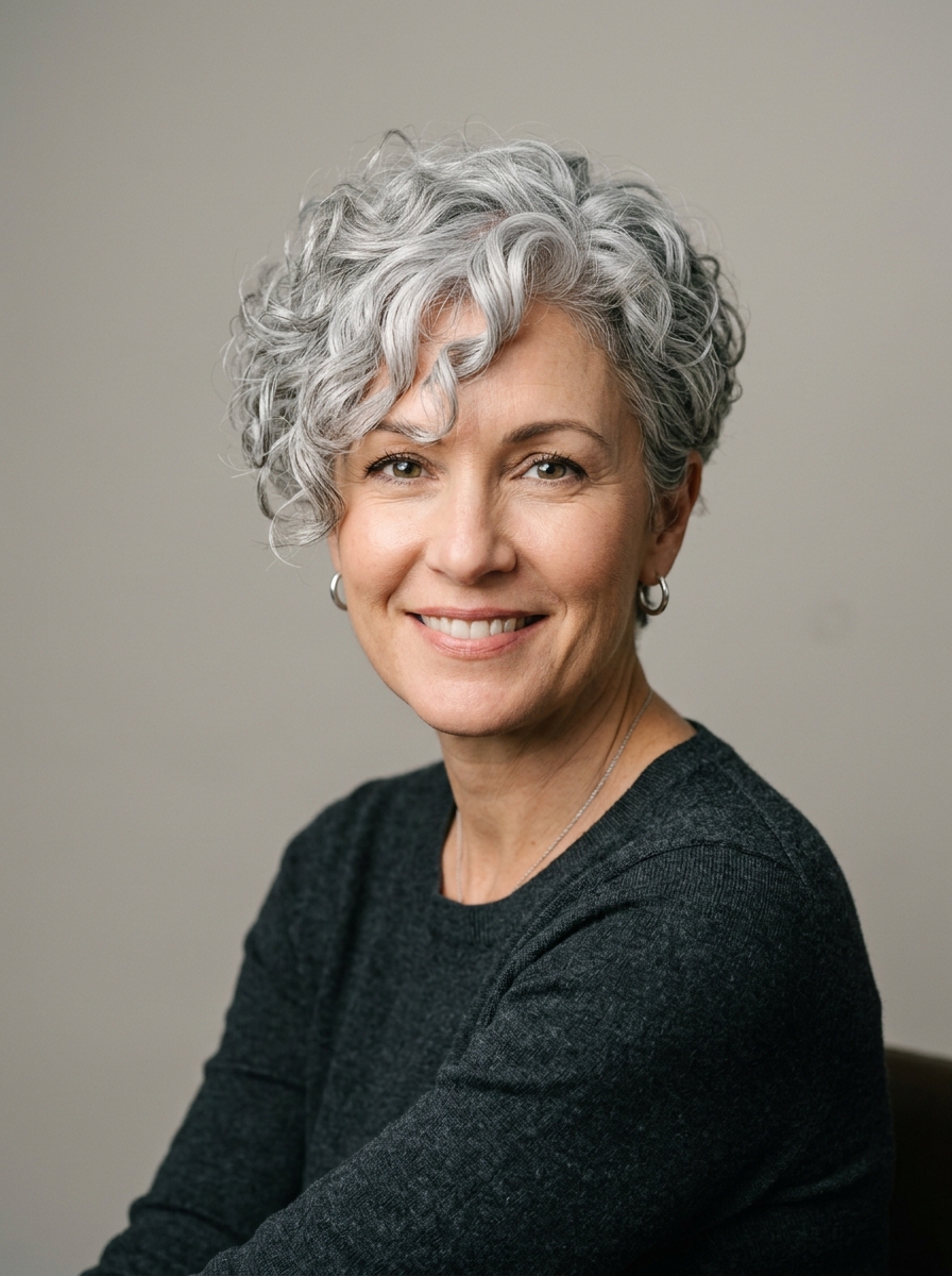 Silver Curly Pixie with Side-Swept Bangs