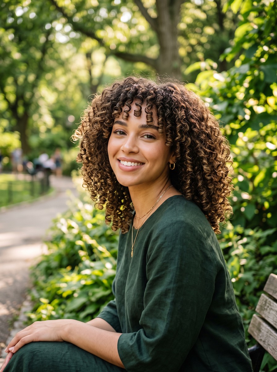 Curly Curtain Bangs with Side Volume