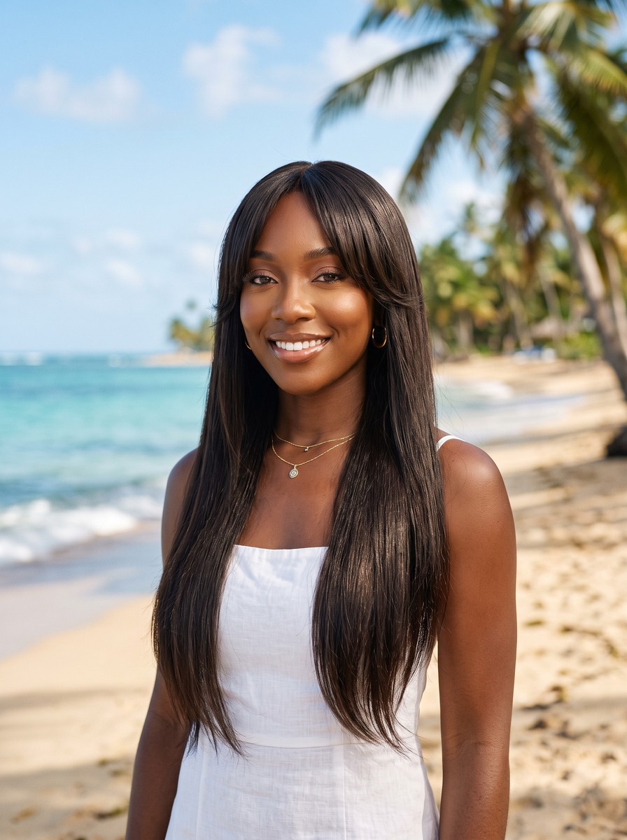 Waist-Length Hair with Chin-Length Curtain Bangs