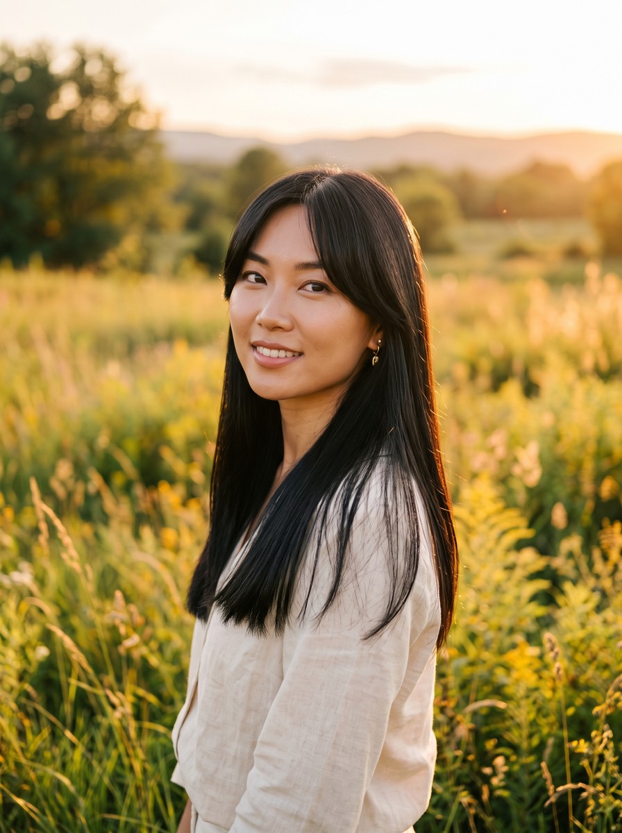 Long One-Length Hair with Curtain Bangs