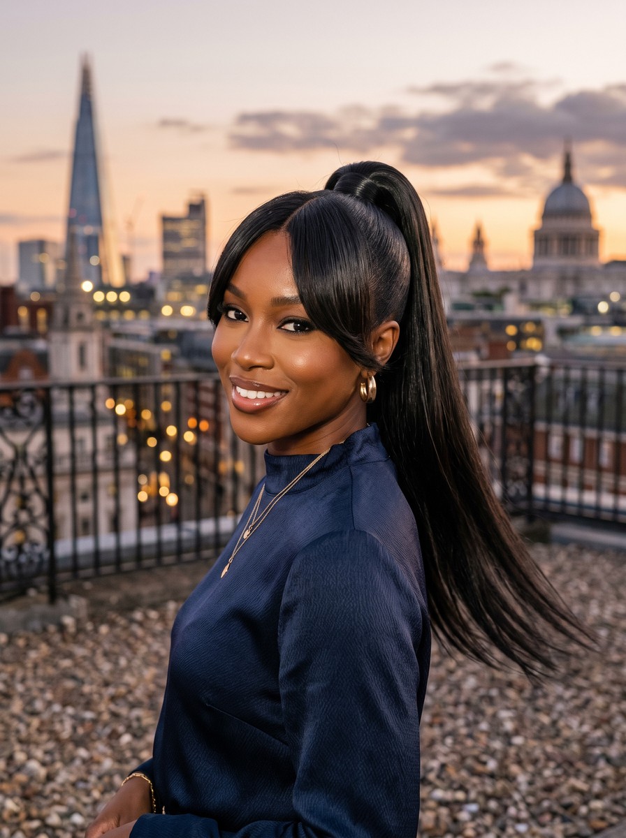 Sleek High Ponytail with Curtain Bangs
