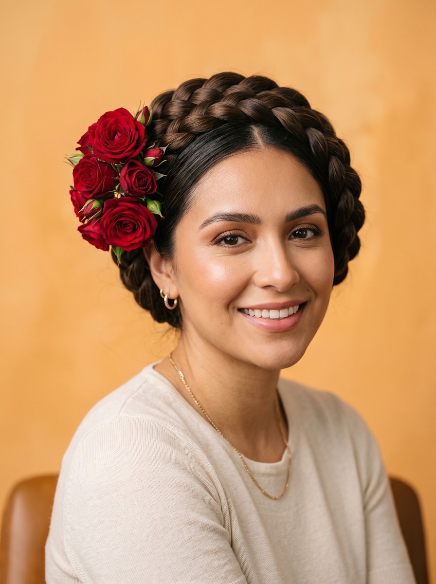 Frida-Inspired Braided Crown with Red Roses