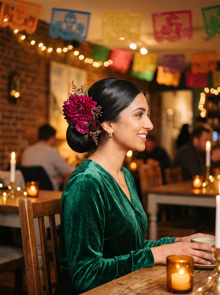 Low Chignon with a Side Cluster of Dahlias