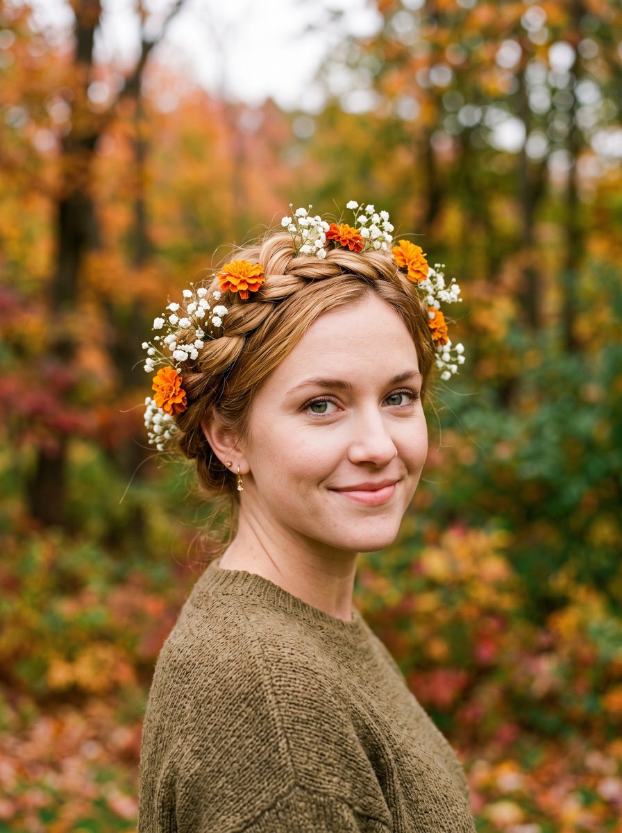 Crown Braid with Baby's Breath and Marigold Accents