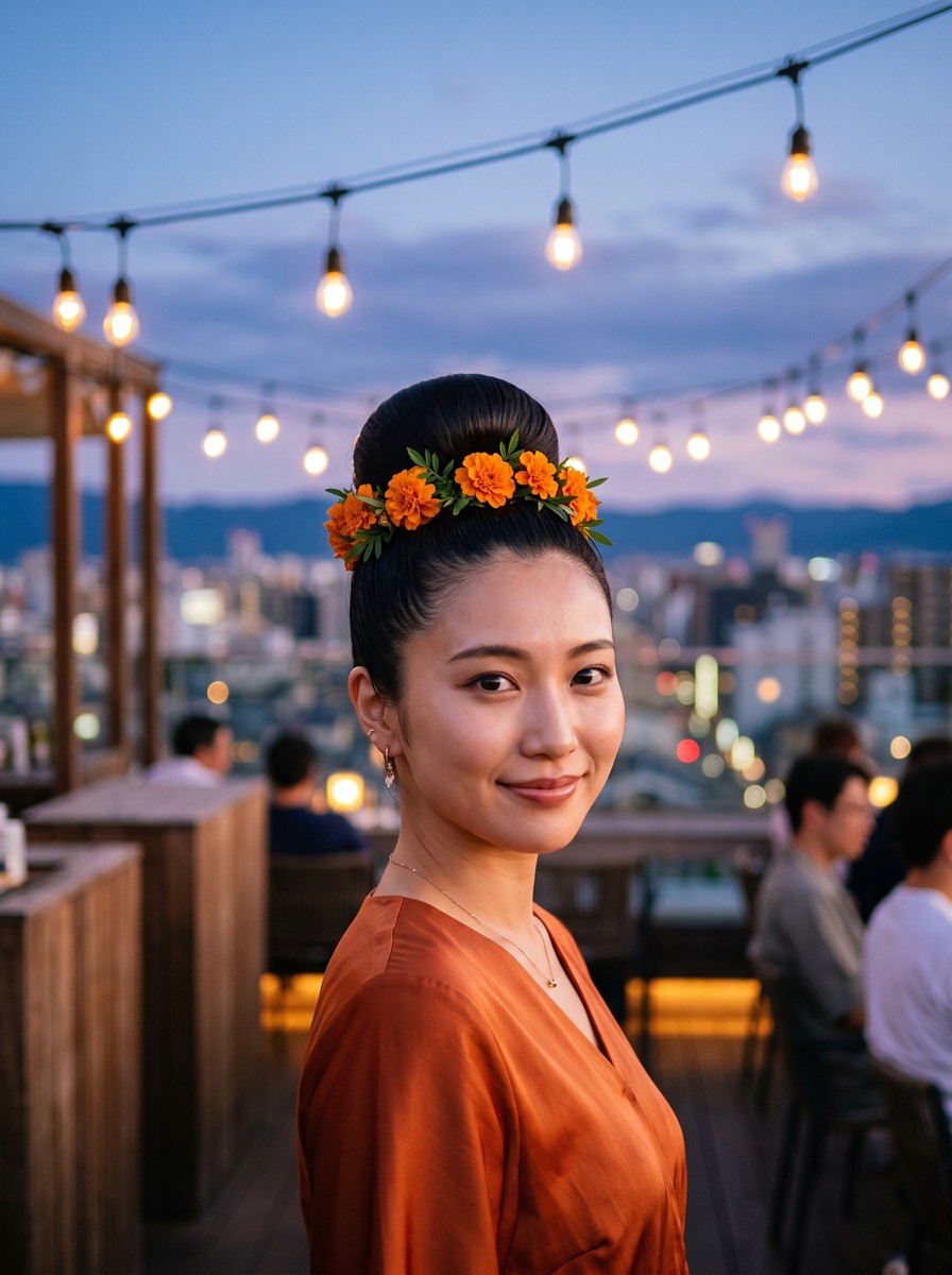 Sleek High Bun Ringed with Mini Marigolds