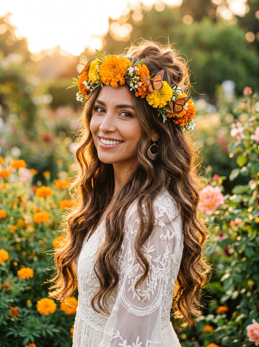 Half-Up Waves with a Monarch Butterfly and Marigold Crown