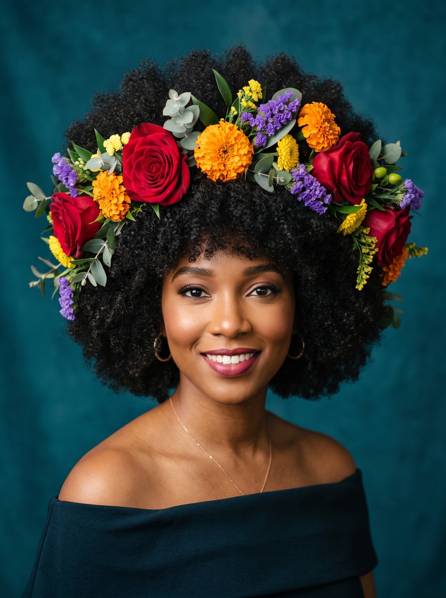 Voluminous Natural Coils under an Oversized Flower Crown