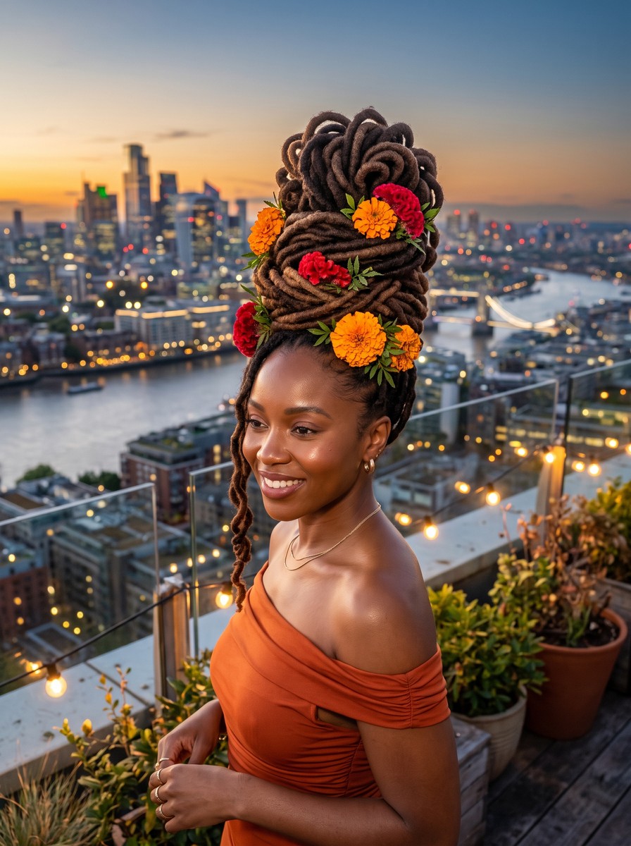 Locs Piled into a High Crown with Marigolds and Cockscomb