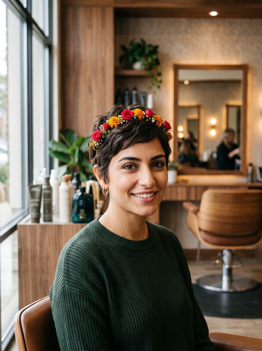 Textured Pixie with a Slim Floral Headband