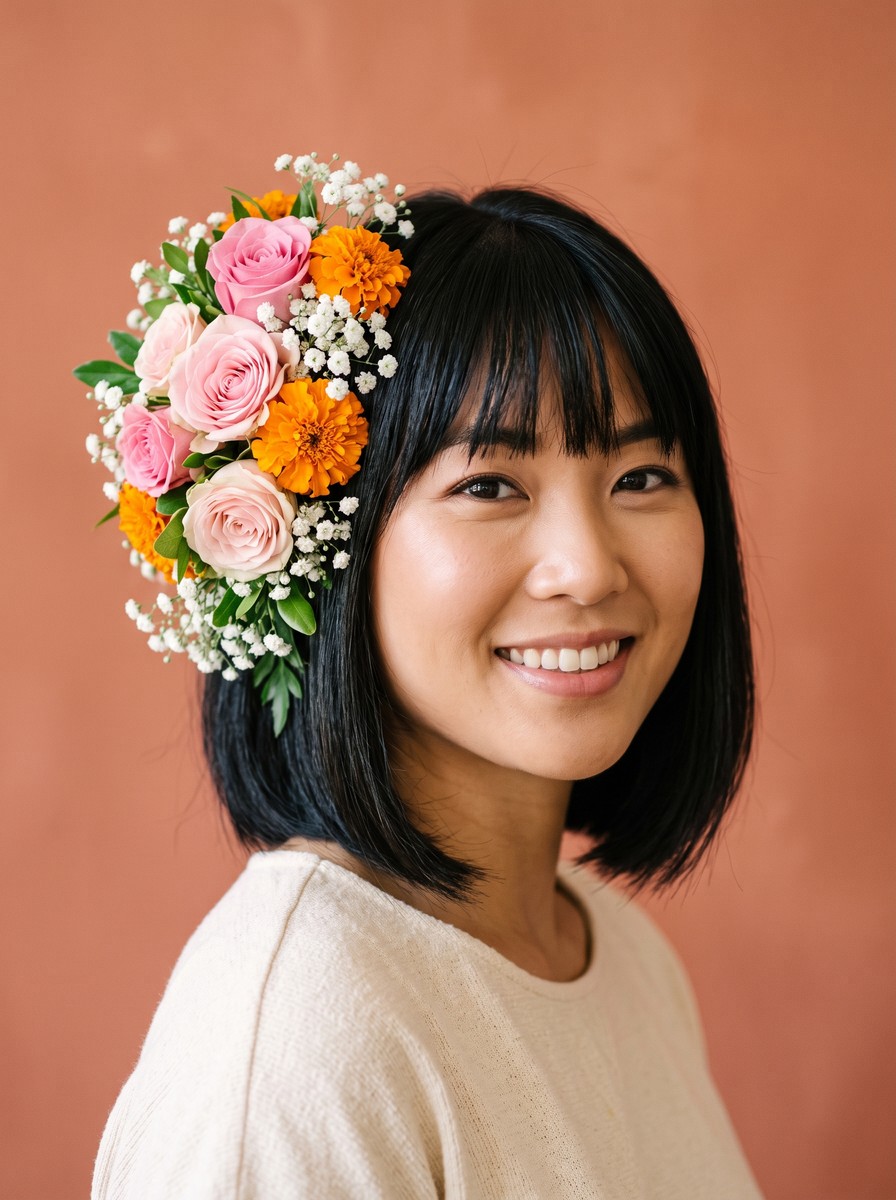 Chin-Length Bob with an Asymmetric Flower Cluster