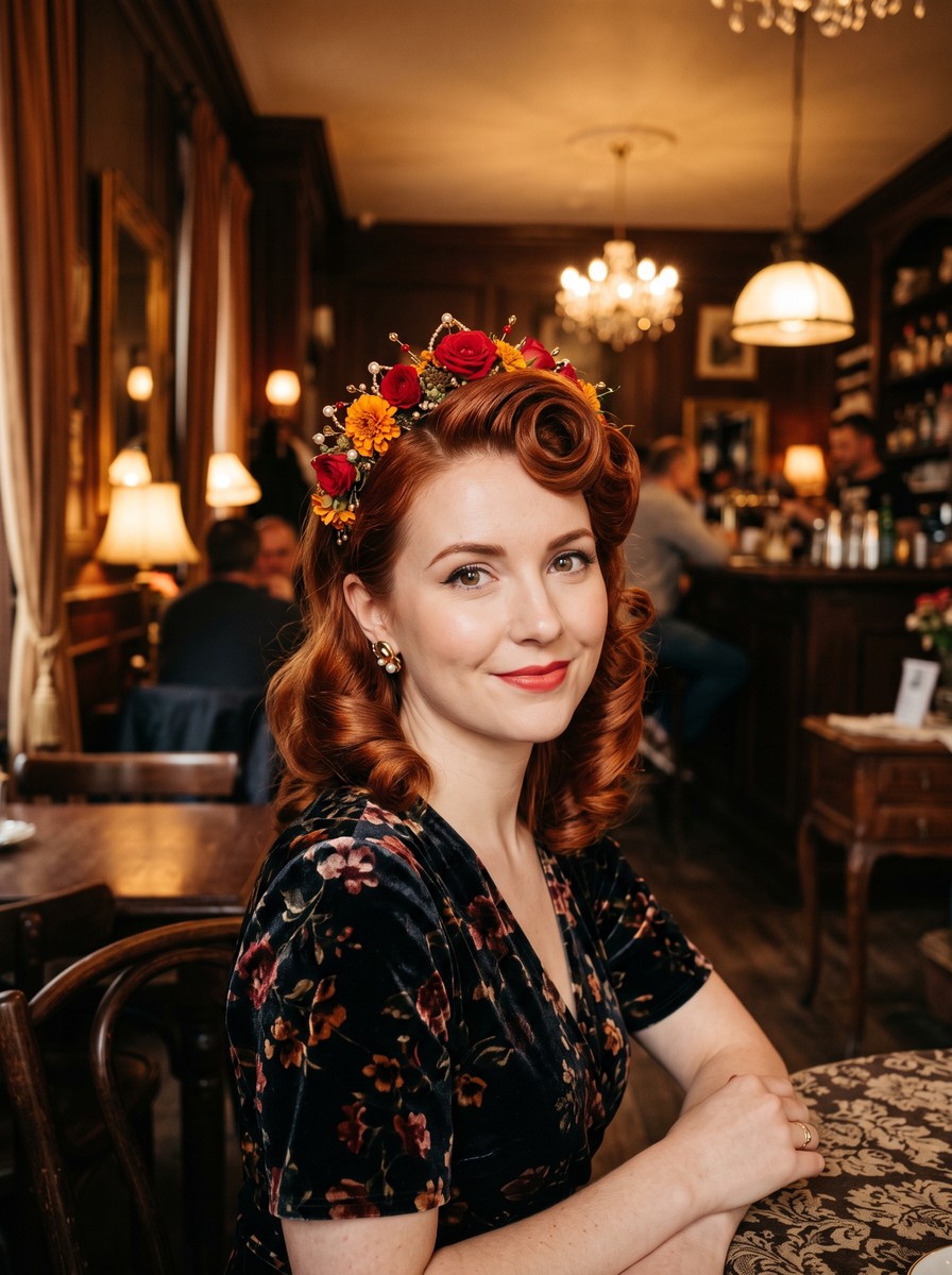 Sculpted Pin Curls with a Flower Tiara