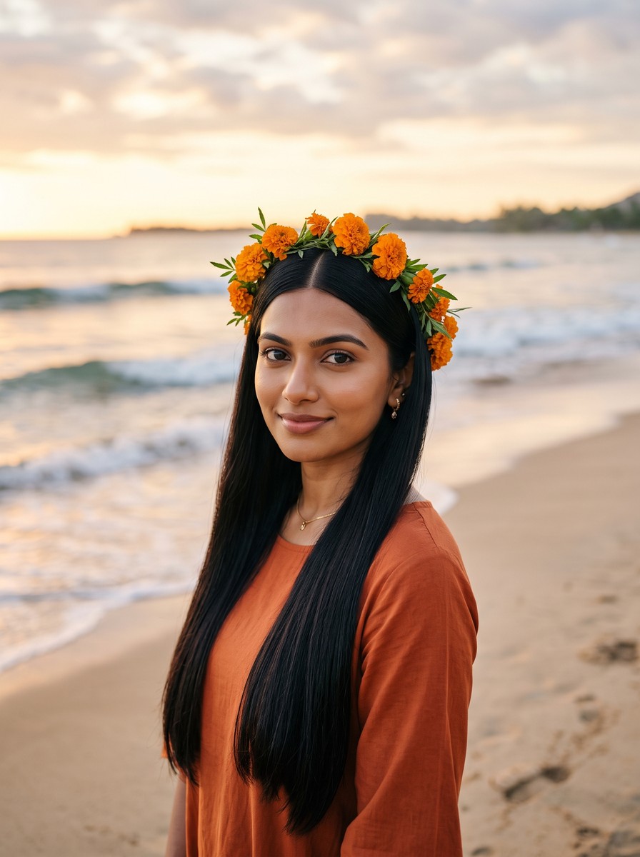 Glass-Straight Center Part with a Fresh Marigold Crown