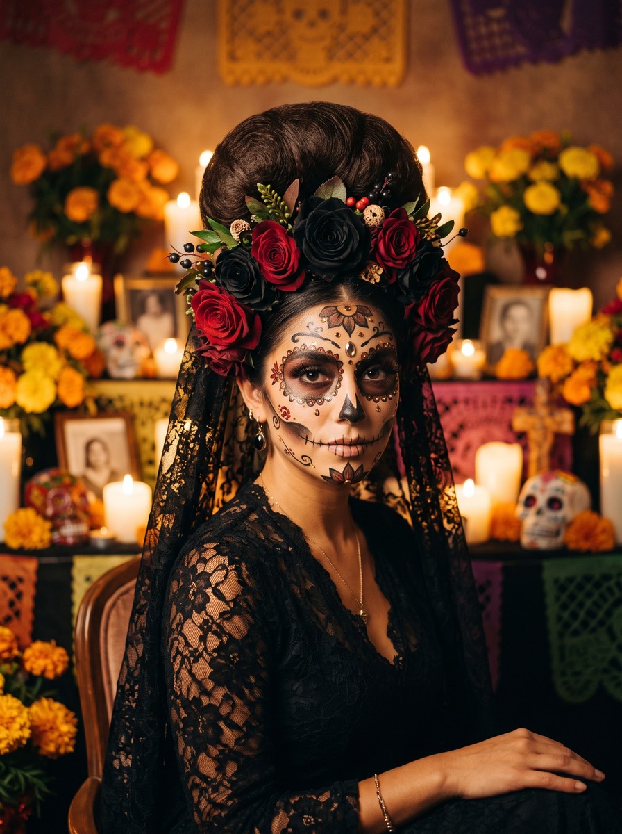 Catrina Lace-Veil Updo with Black Roses