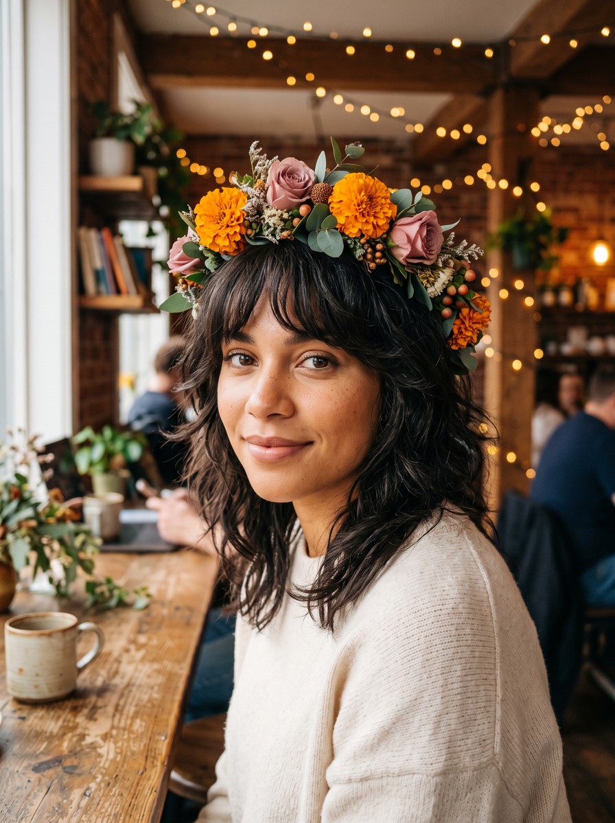 Curtain-Bang Shag with a Low-Slung Boho Crown
