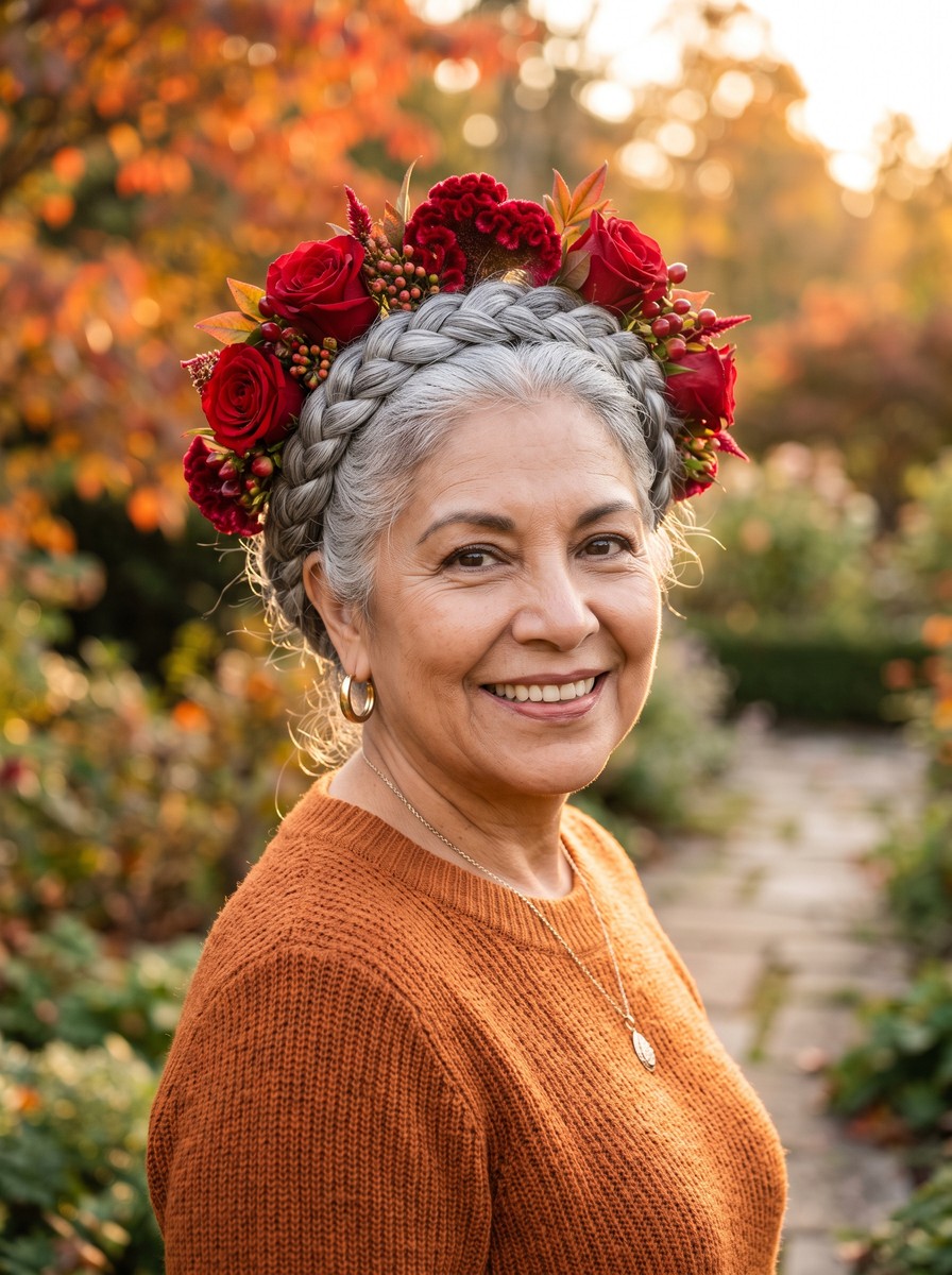 Silver Braided Crown with Deep Red Blooms