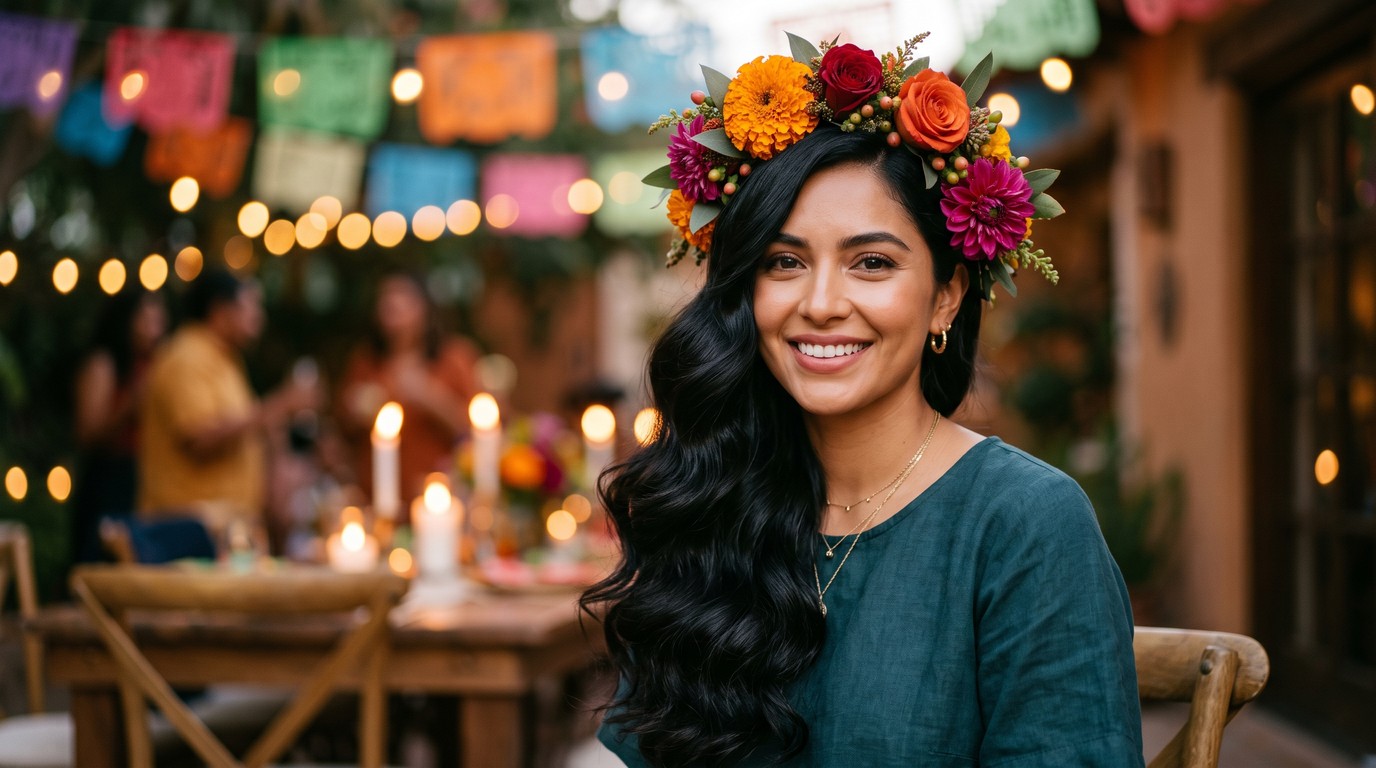 20 Vibrant Día de los Muertos Hairstyles with Flower Crowns