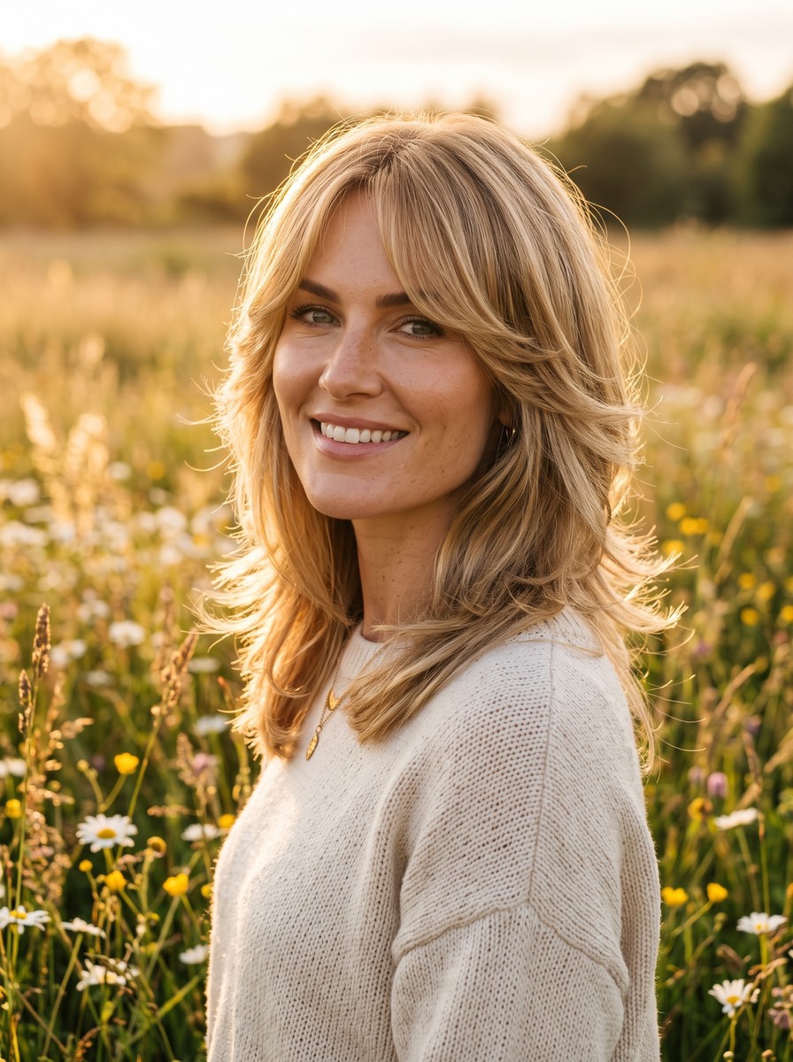 Feathered Shoulder-Length Cut With Outward Flicks