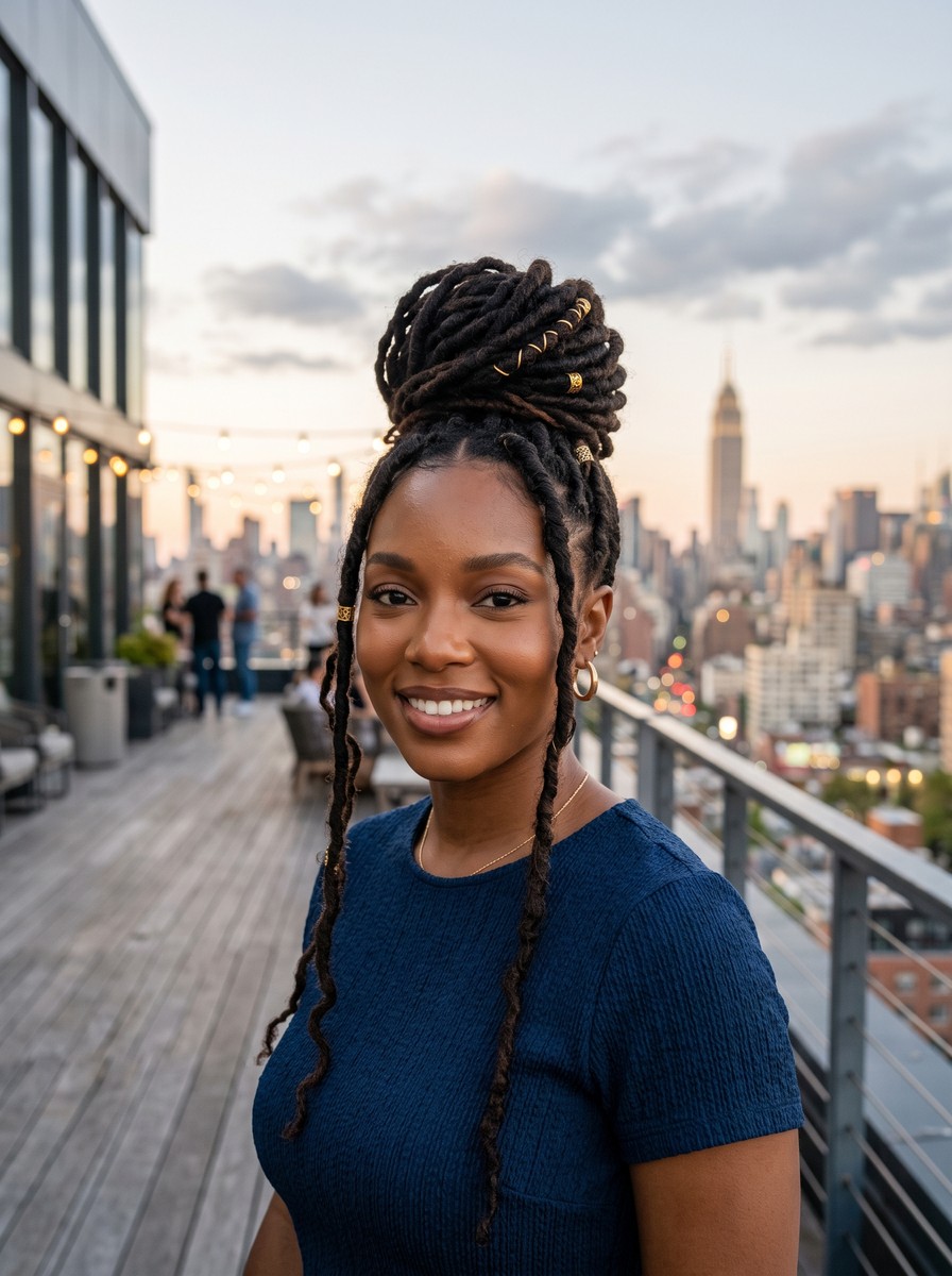 High Loc Bun with Face-Framing Locs