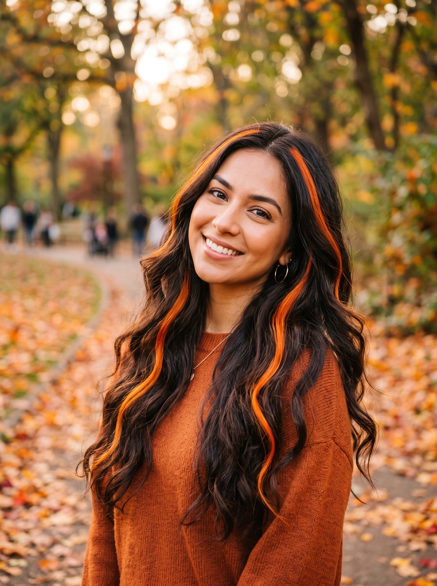 Pumpkin-Orange Streaks on Dark Brown Hair