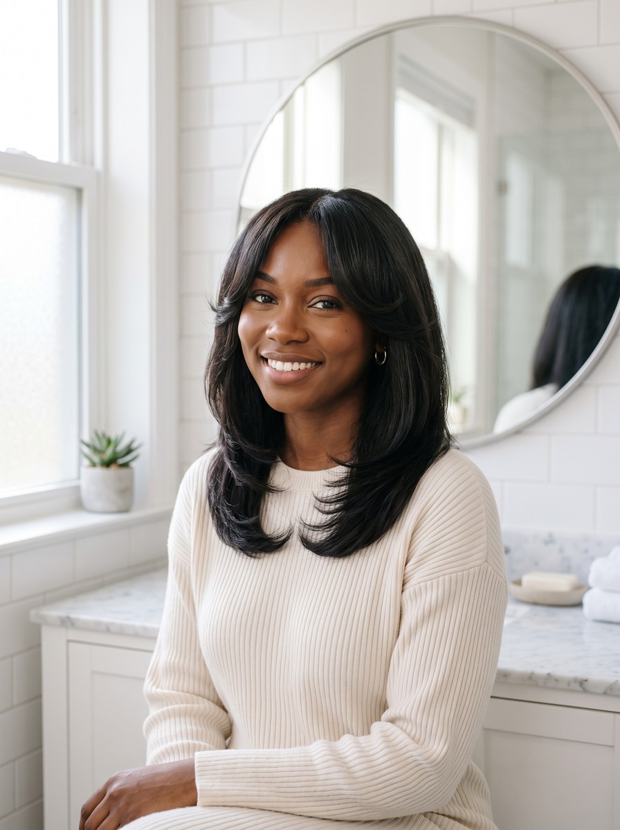 Shoulder-Length Layers with Blended Curtain Bangs