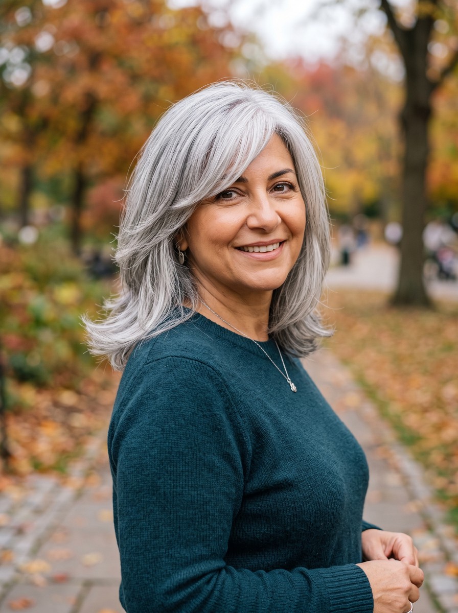 Silver Lob With Side-Swept Fringe