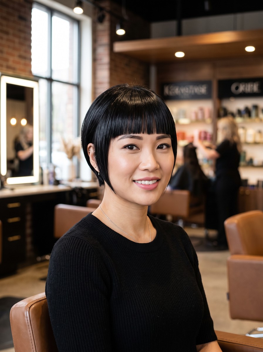 Razor-Cut Blunt Fringe Long Pixie in Jet Black