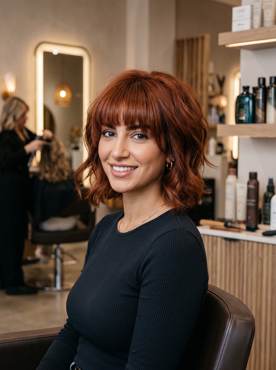 Bold Auburn Long Pixie with Heavy Full Fringe