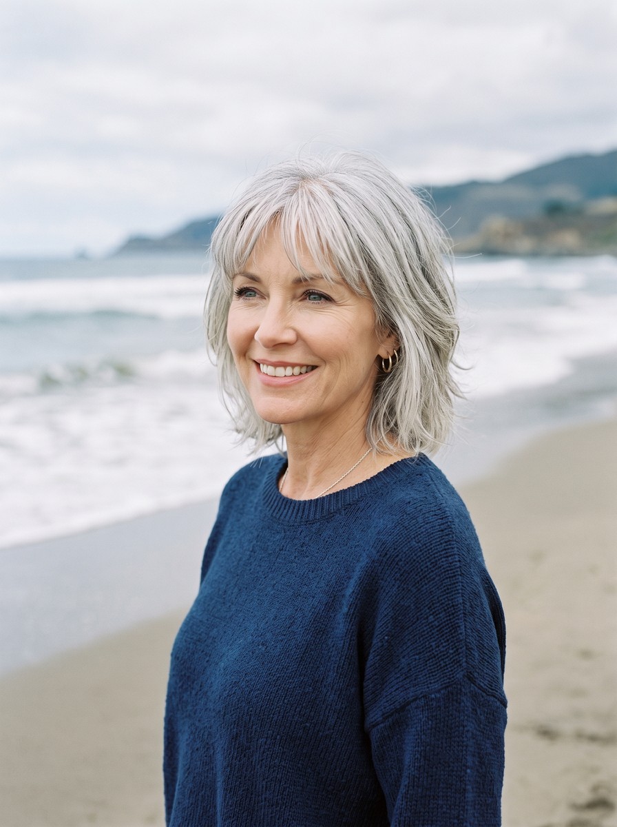 Silver Grown-Out Long Pixie Bob with Soft Feathered Bangs