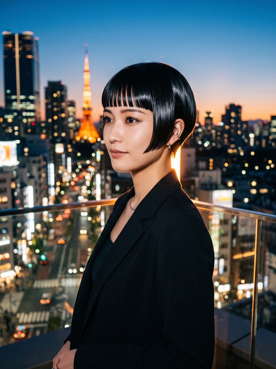 High-Gloss Polished Long Pixie with Micro Blunt Fringe