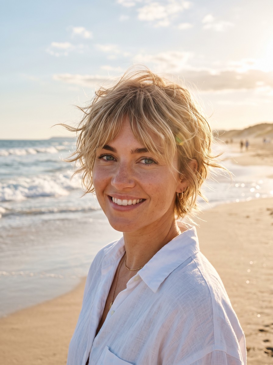 Beachy Blonde Long Pixie Bob with Feathered Surfer Fringe