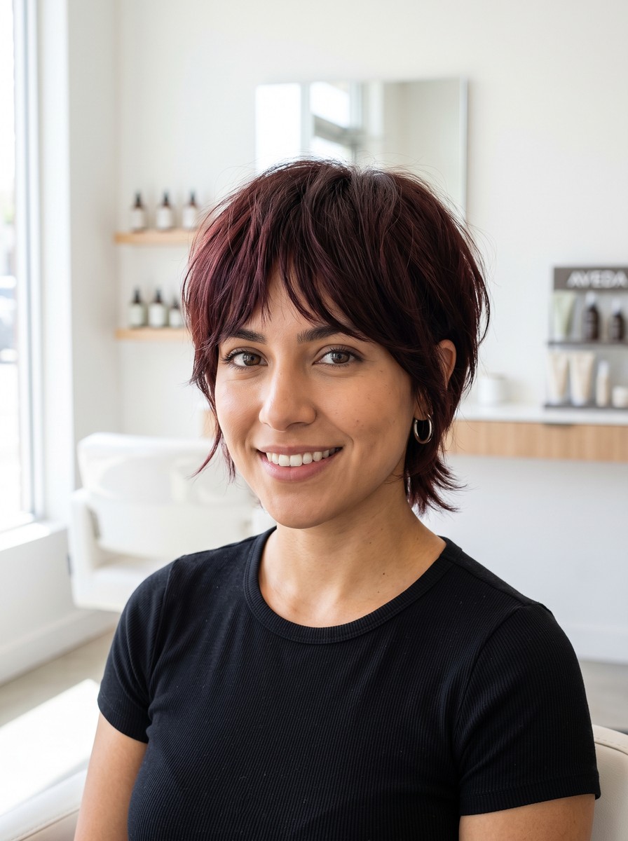 Mahogany Layered Long Pixie with Textured Piece-y Fringe