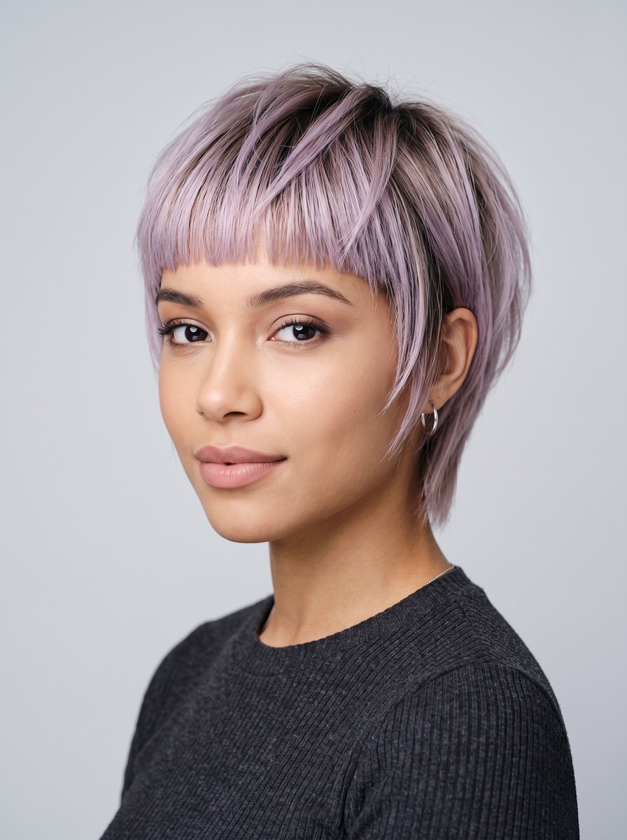 Lavender-Tinted Long Pixie Bob with Wispy Geometric Fringe