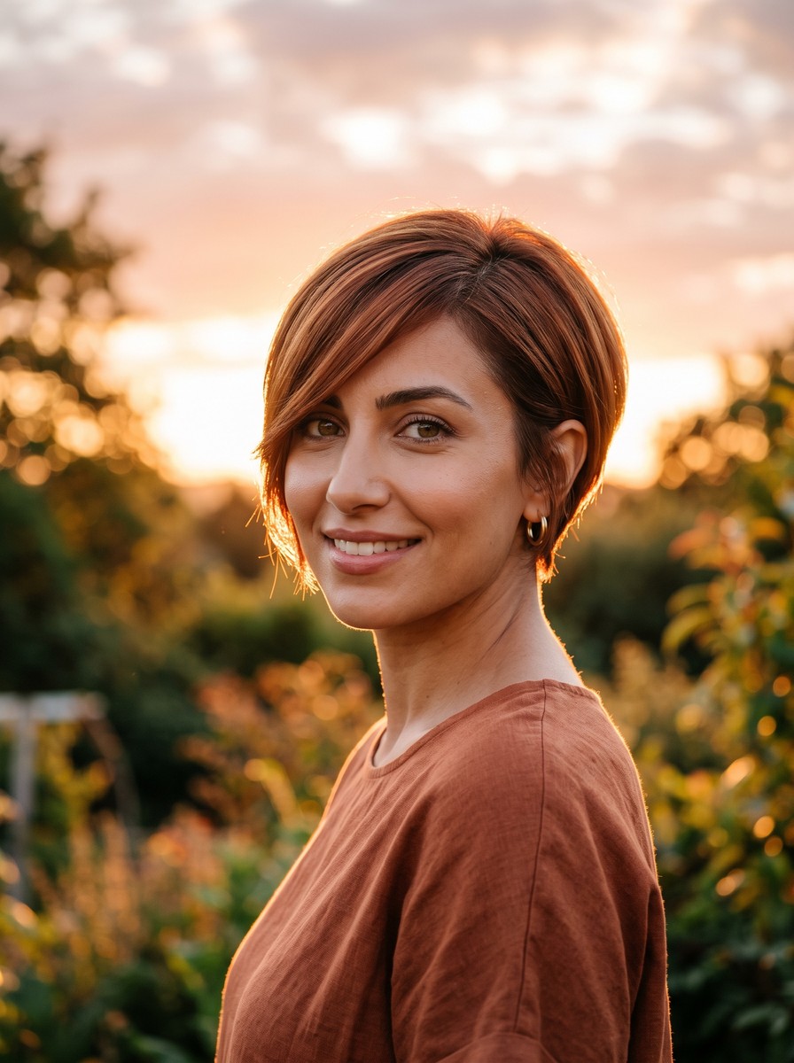 Warm Auburn Long Pixie with Sweeping Side-Parted Fringe