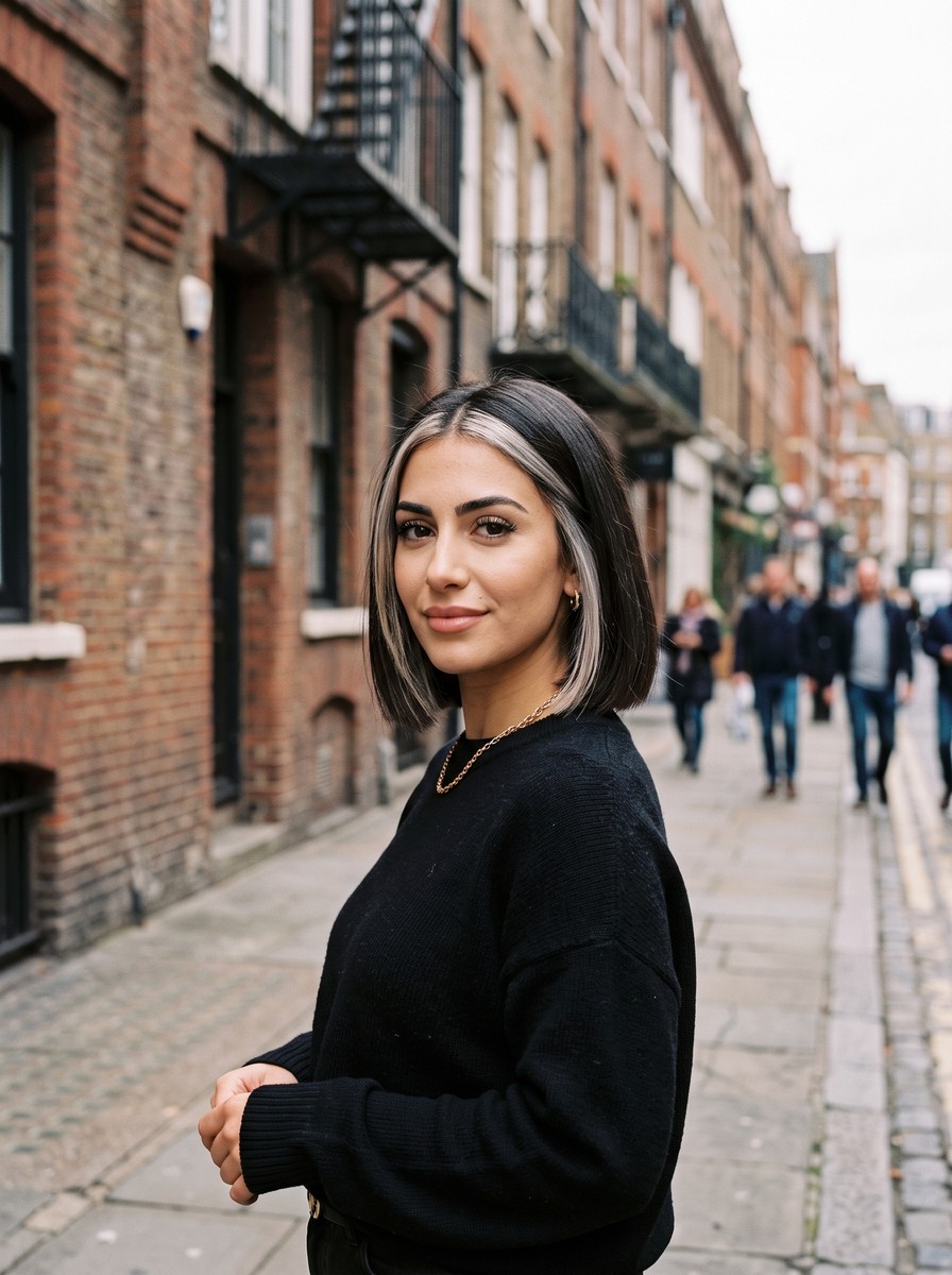 Cool Brunette Blunt Bob with Ash-Blonde Money Piece