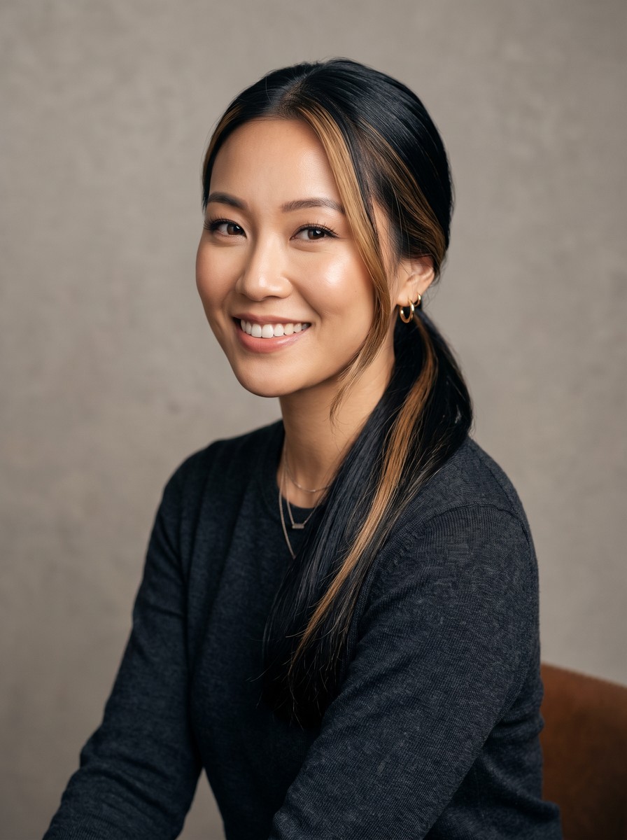 Sleek Black Ponytail-Length Hair with Bronde Money Piece