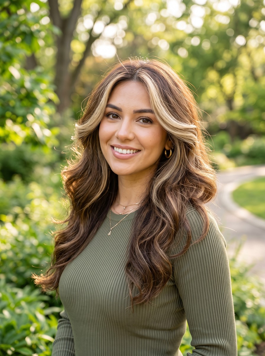 Warm Brunette Voluminous Blowout with Vanilla Money Piece