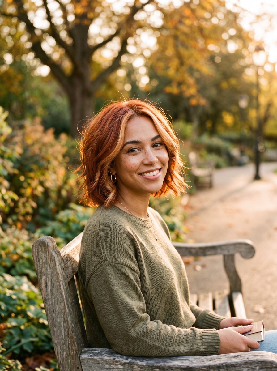Copper Red Layered Bob with Toffee Money Piece