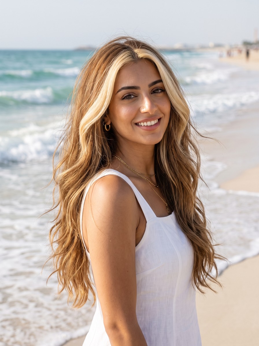 Caramel Base Long Layers with Chunky Buttery Blonde Money Piece