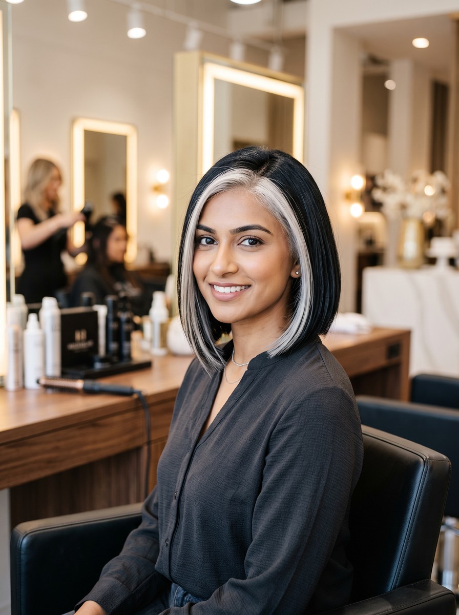 Cool Black Angled Bob with Ice-Platinum Money Piece