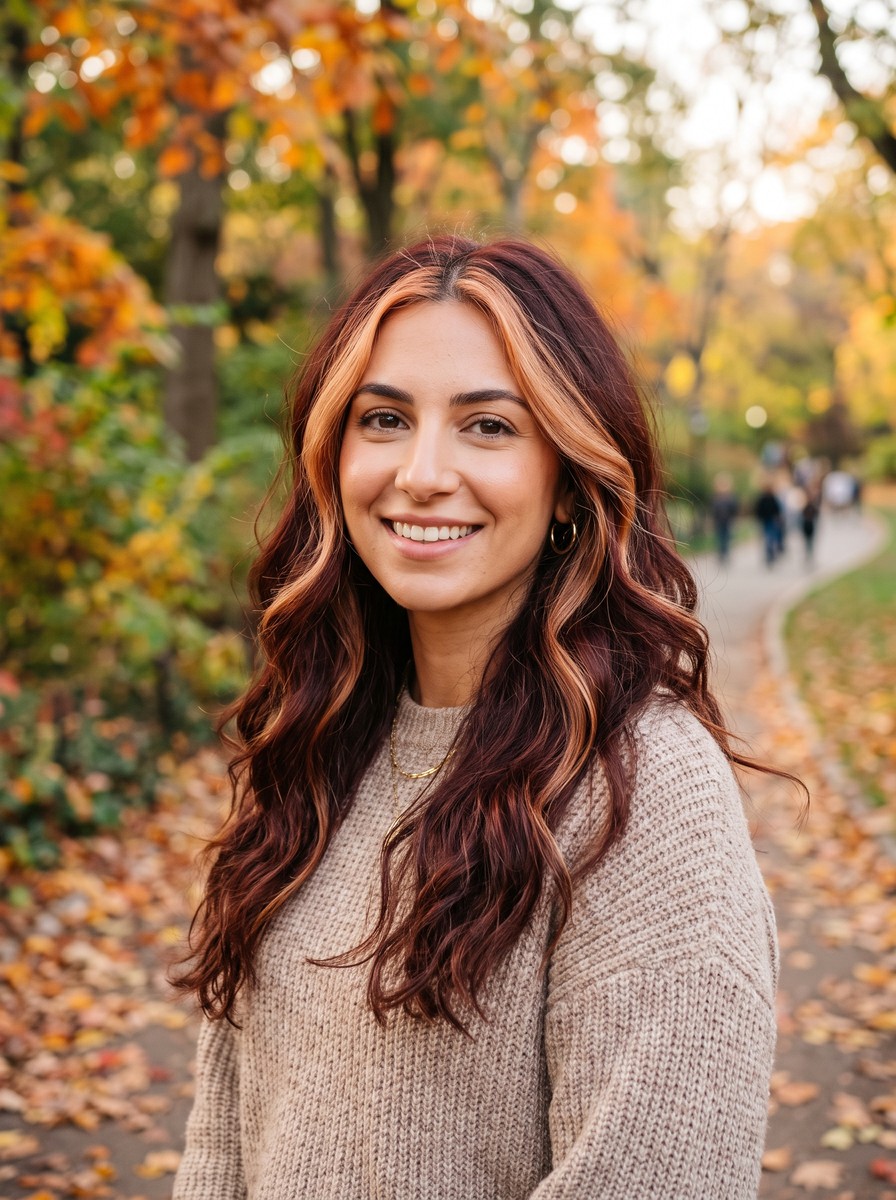 Dark Auburn Undone Waves with Strawberry-Blonde Money Piece