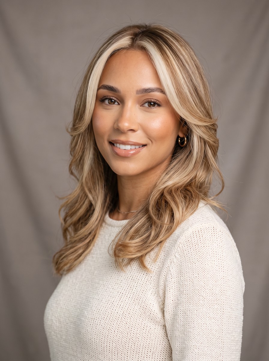 Beige Blonde Face-Framing Layers with Cream Blonde Money Piece
