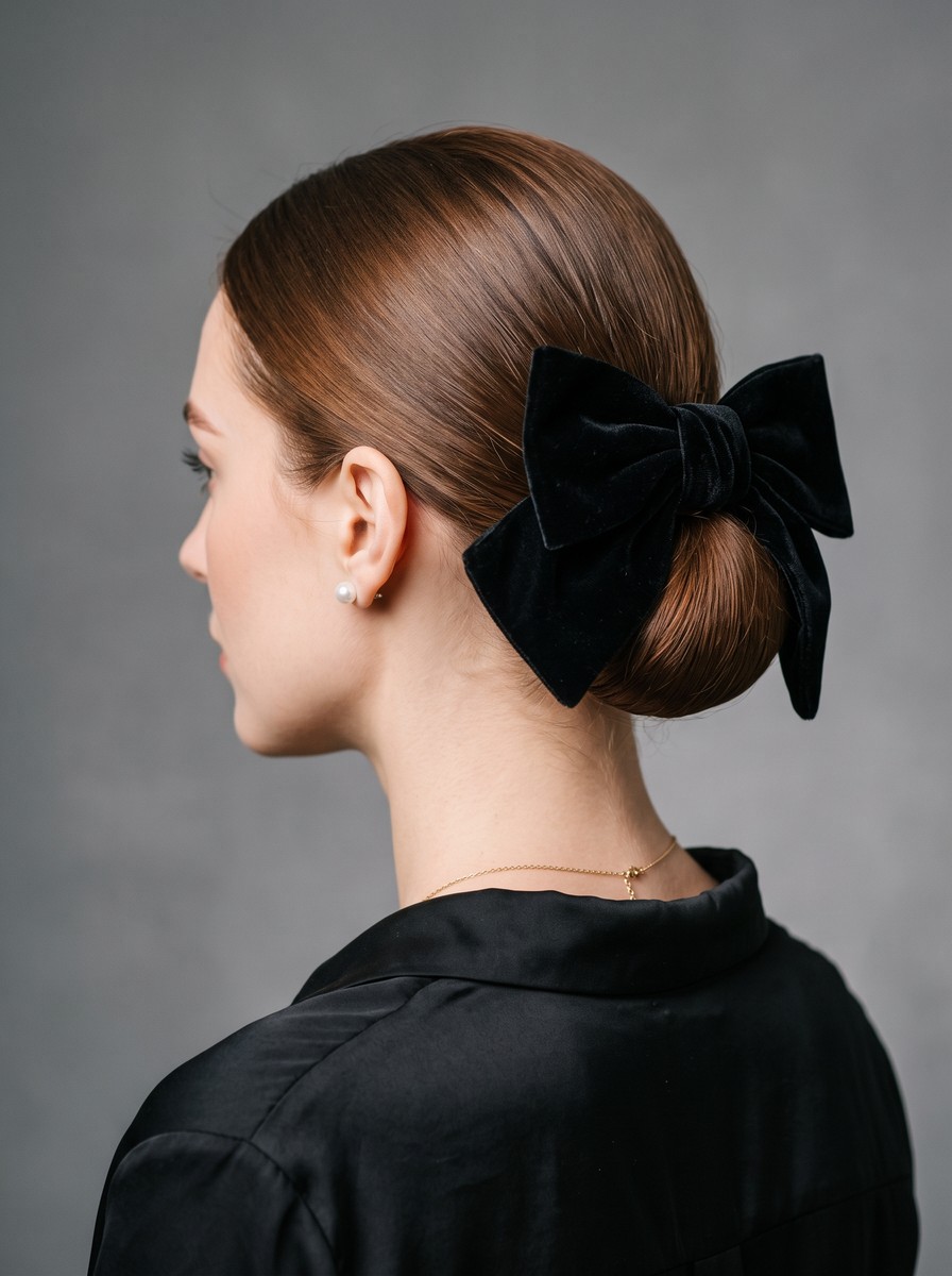 Black Velvet Bow on a Low Chignon