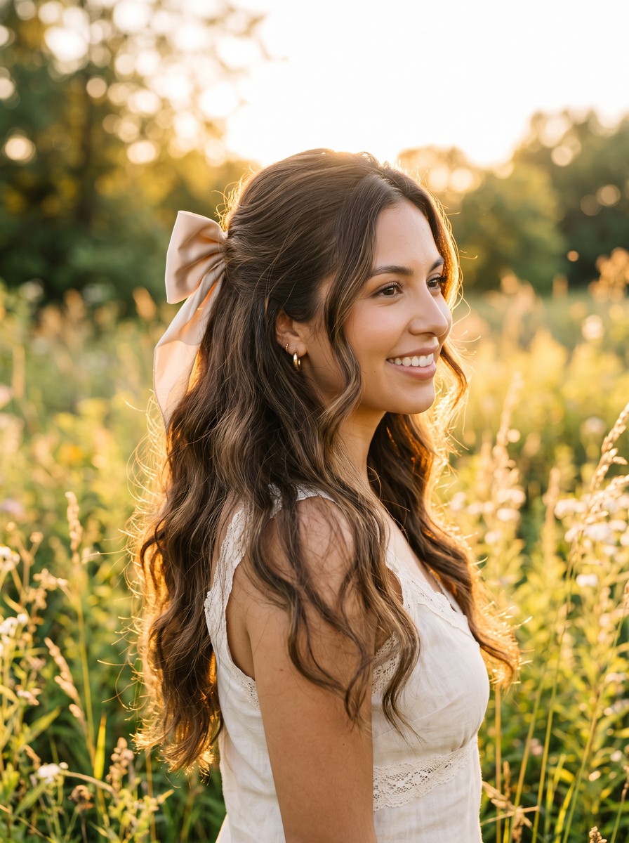 Satin Half-Up Bow with Brushed-Out Waves