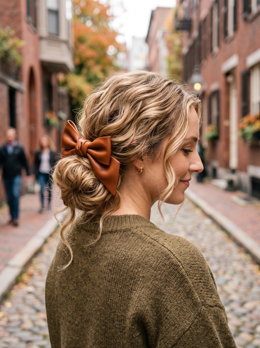 Leather Bow on a Messy Low Bun